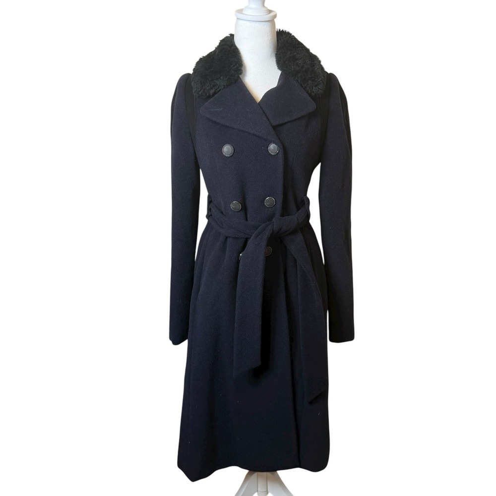 Rebecca Taylor Navy Black Wool Peacoat Faux Fur Collar Double Breasted Belt Sz 0